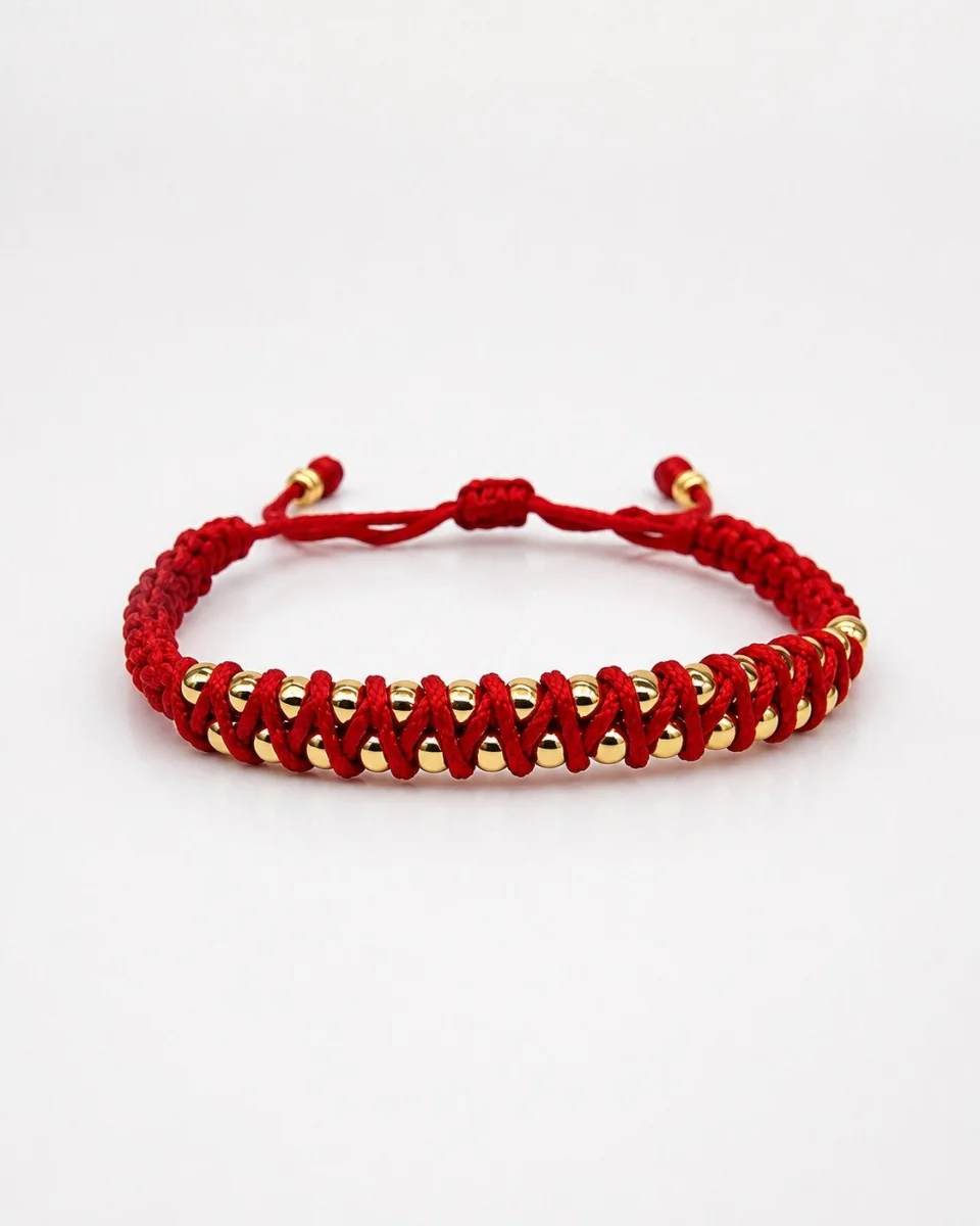 Pulsera de Hilo Rojo en Macramé con Balines de Oro Laminado