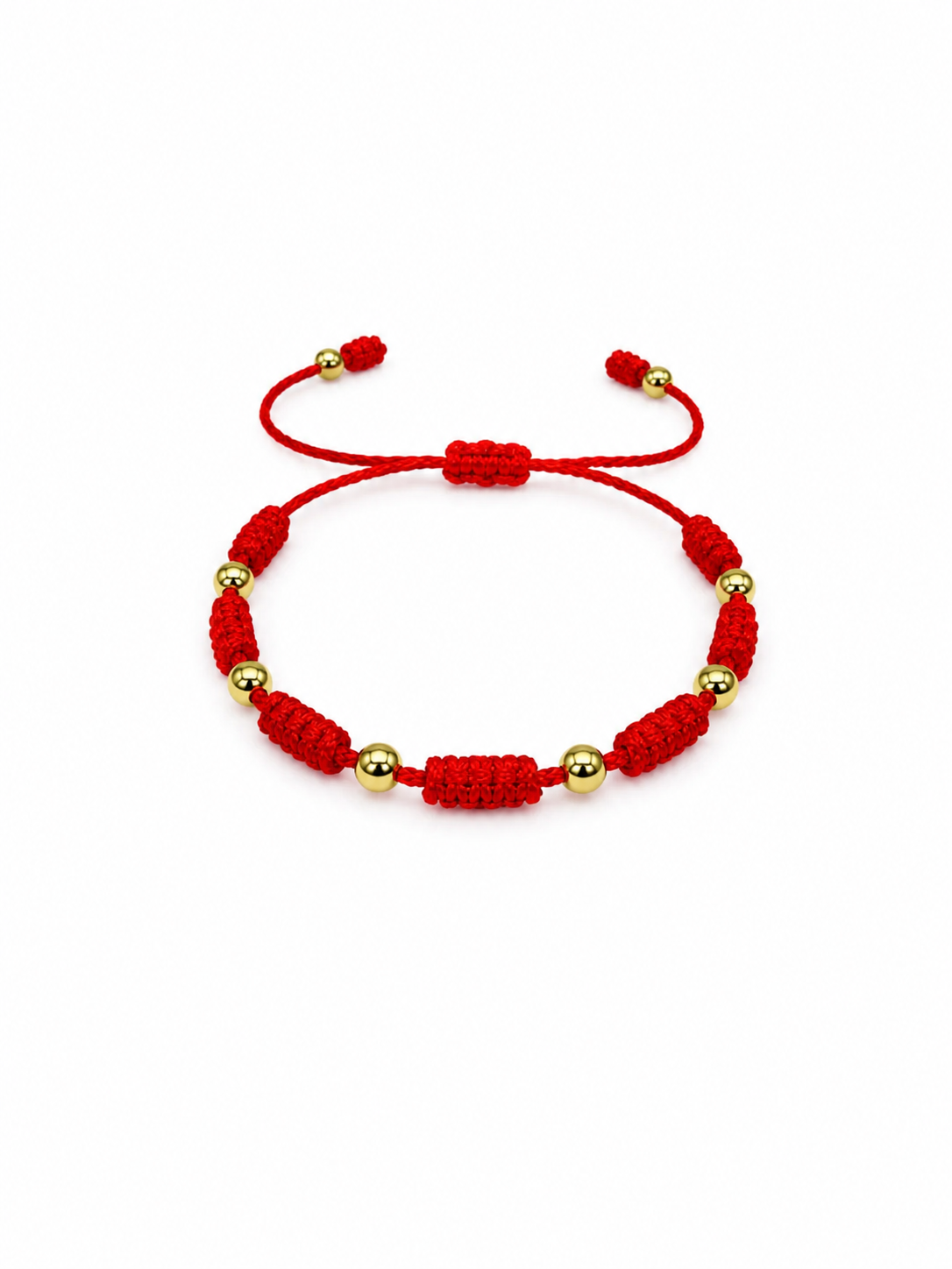 Pulsera de Hilo Rojo en Macramé con Balines Intercalados de Oro