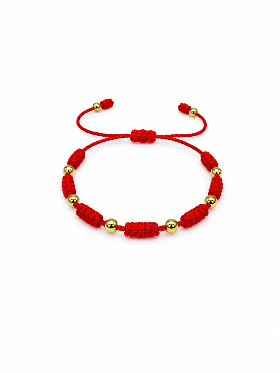 Pulsera de Hilo Rojo en Macramé con Balines Intercalados de Oro