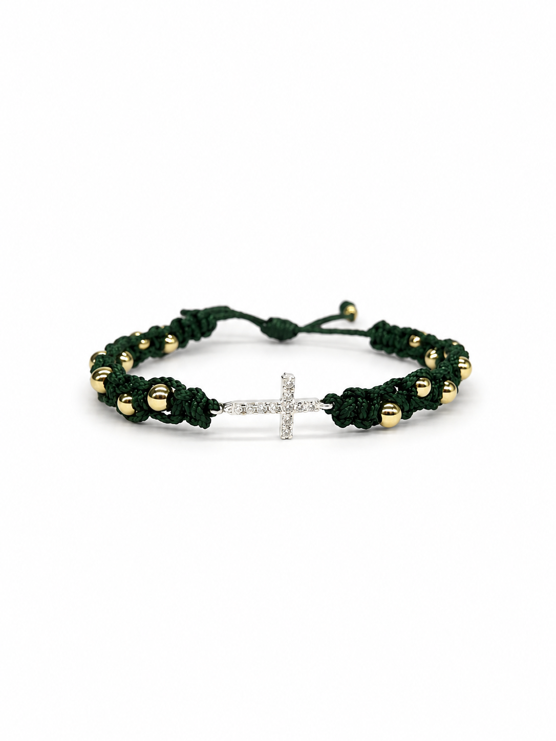 Pulsera de Hilo Macramé Verde Militar con Dije de Cruz en Plata y Balines Dorados